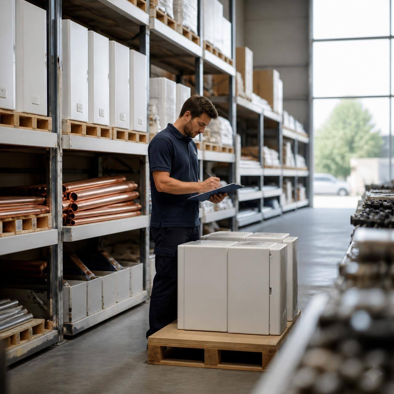 Plumb Supply trade warehouse with boilers, copper pipe and fittings being checked by a member of the merchant team