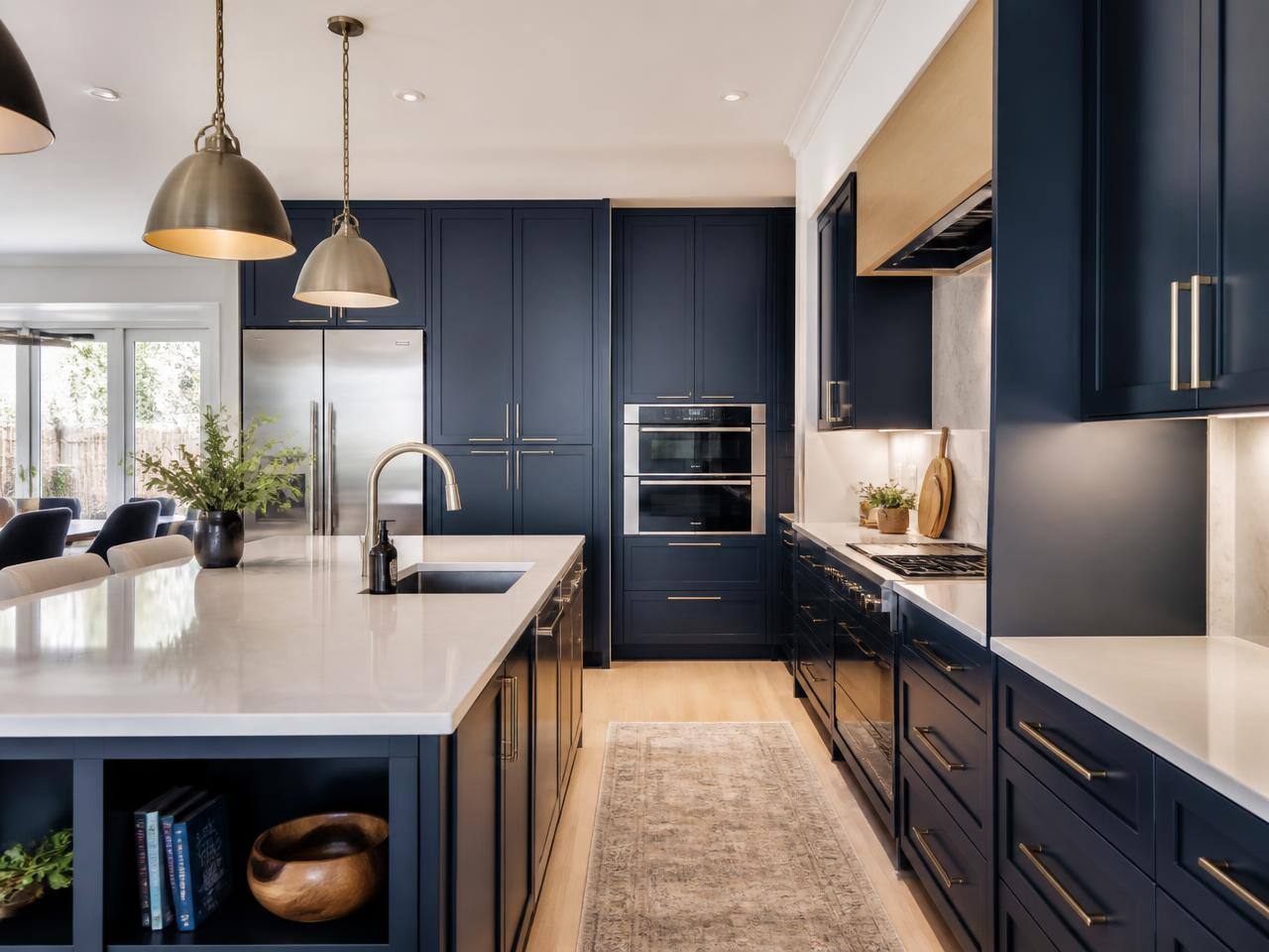 Modern navy shaker kitchen with quartz worktops and island
