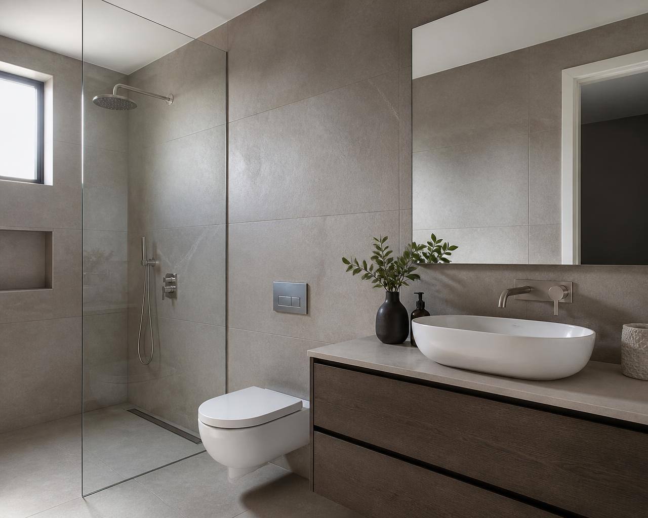 Modern bathroom with close coupled toilet, basin and shower bath